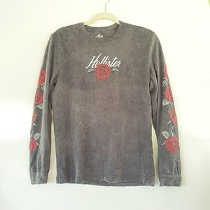 Hollister Long Sleeve Womens Black Crewneck Rose‎ Graphic Sz Small Cotton Top